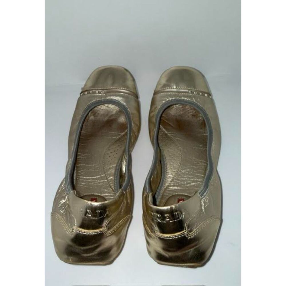 Vintage Prada Sport Gold Ballet Flats | Y2K Designer Metallic Leather Shoes - Picture 10 of 11